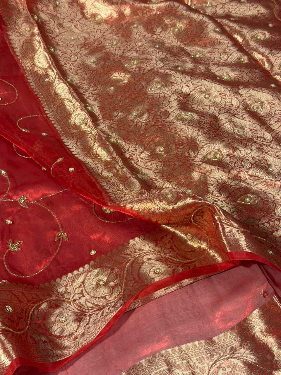 Carmine Red Pure Tissue Silk delicate Handwork Saree