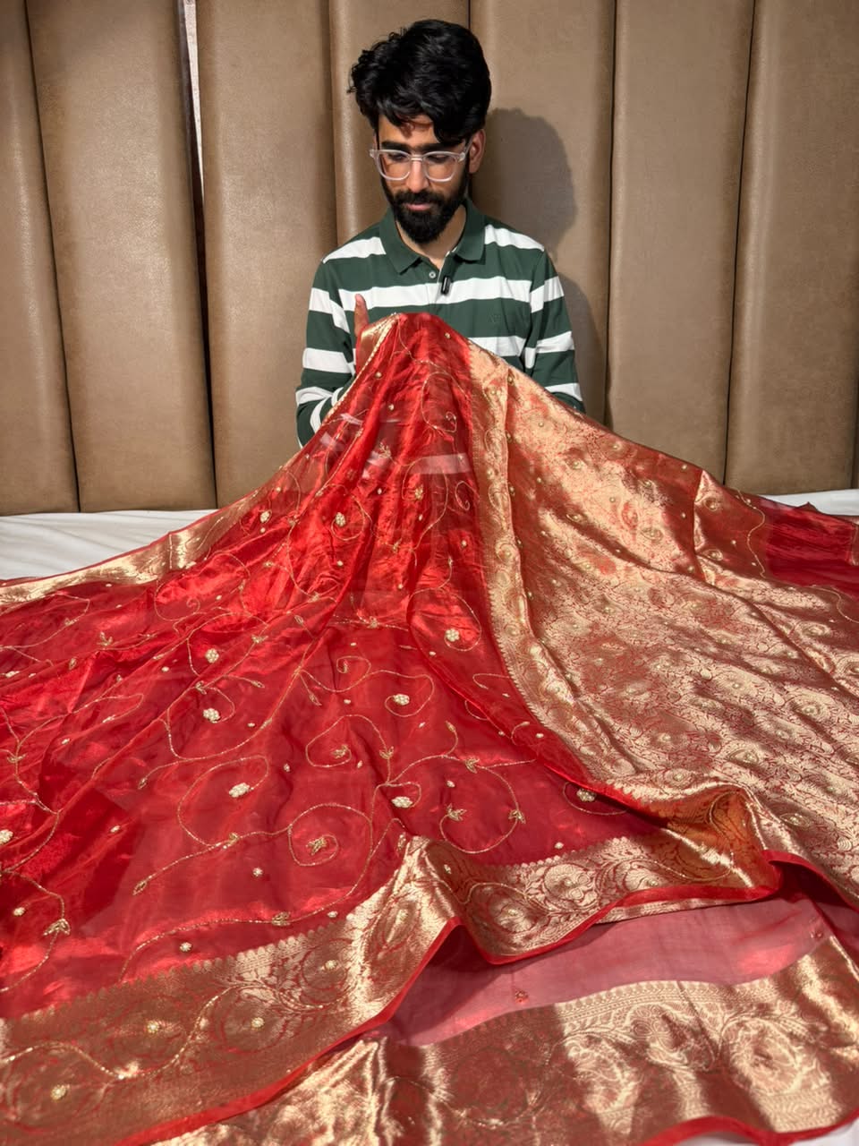 Carmine Red Pure Tissue Silk delicate Handwork Saree