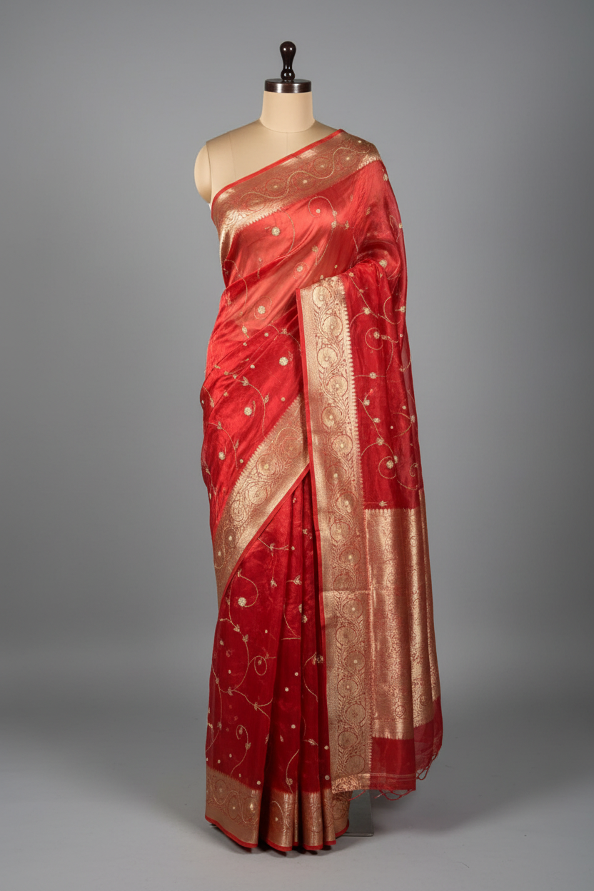 Carmine Red Pure Tissue Silk delicate Handwork Saree