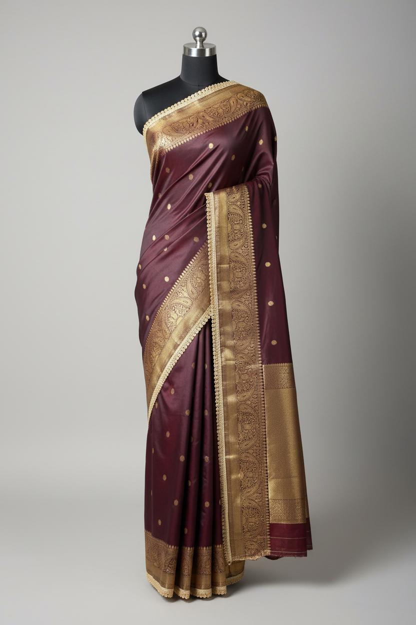 Unique Cola Shade Semi Katan Silk Banarasi Saree with Moti Lace
