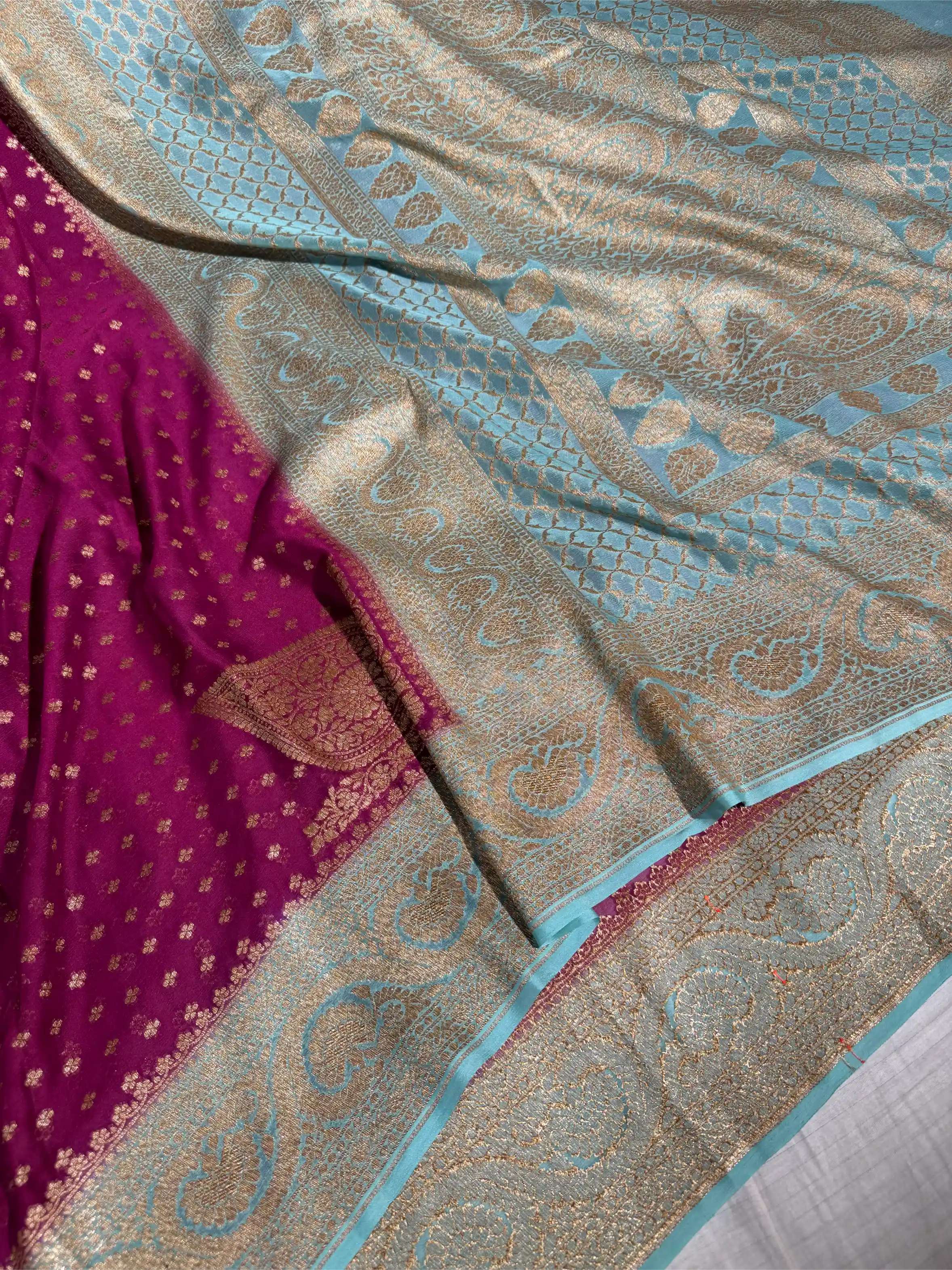 Voilet Contrast Pure Crepe Georgette Silk Heritage Antique Zari Weave Banarasi Saree