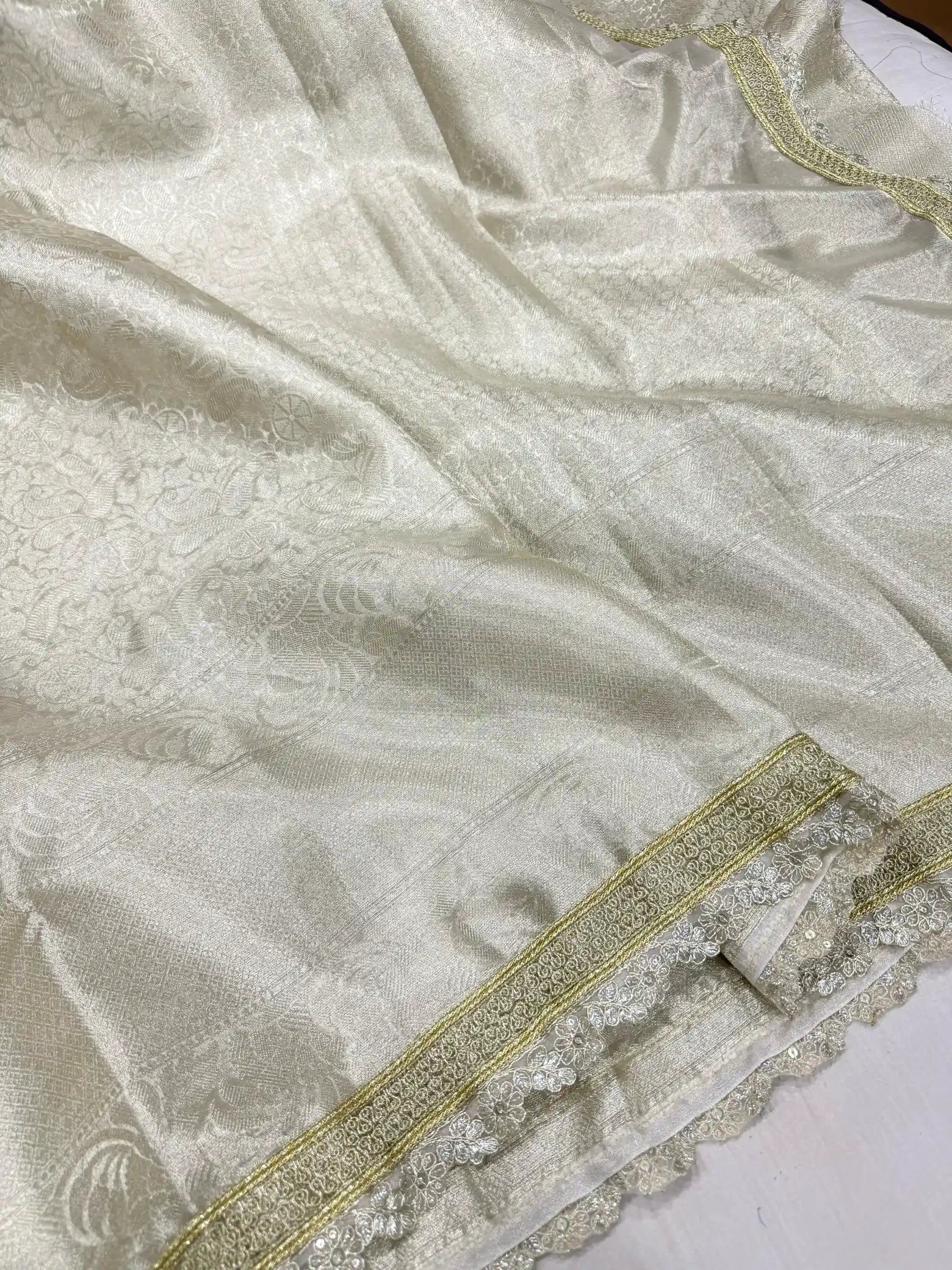 Water Zari Embossed Soft Tissue Silk Lace Work Saree