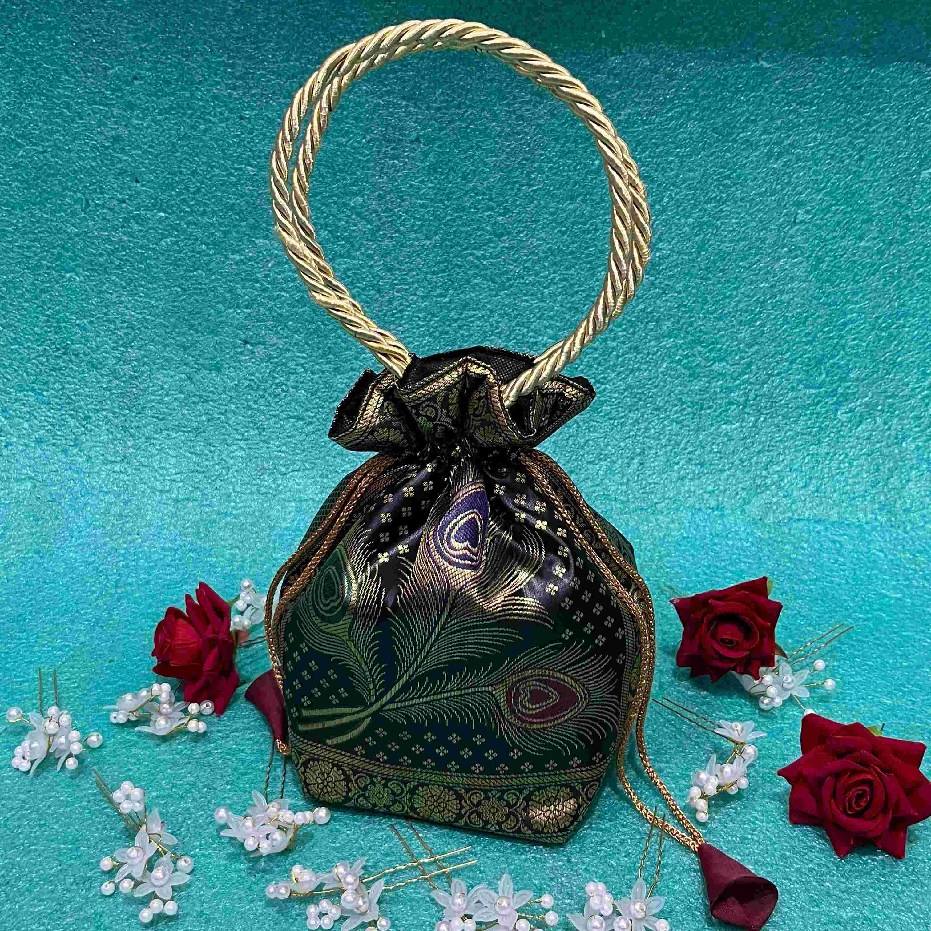 Stunning Black Colour Banarasi Potli Bags