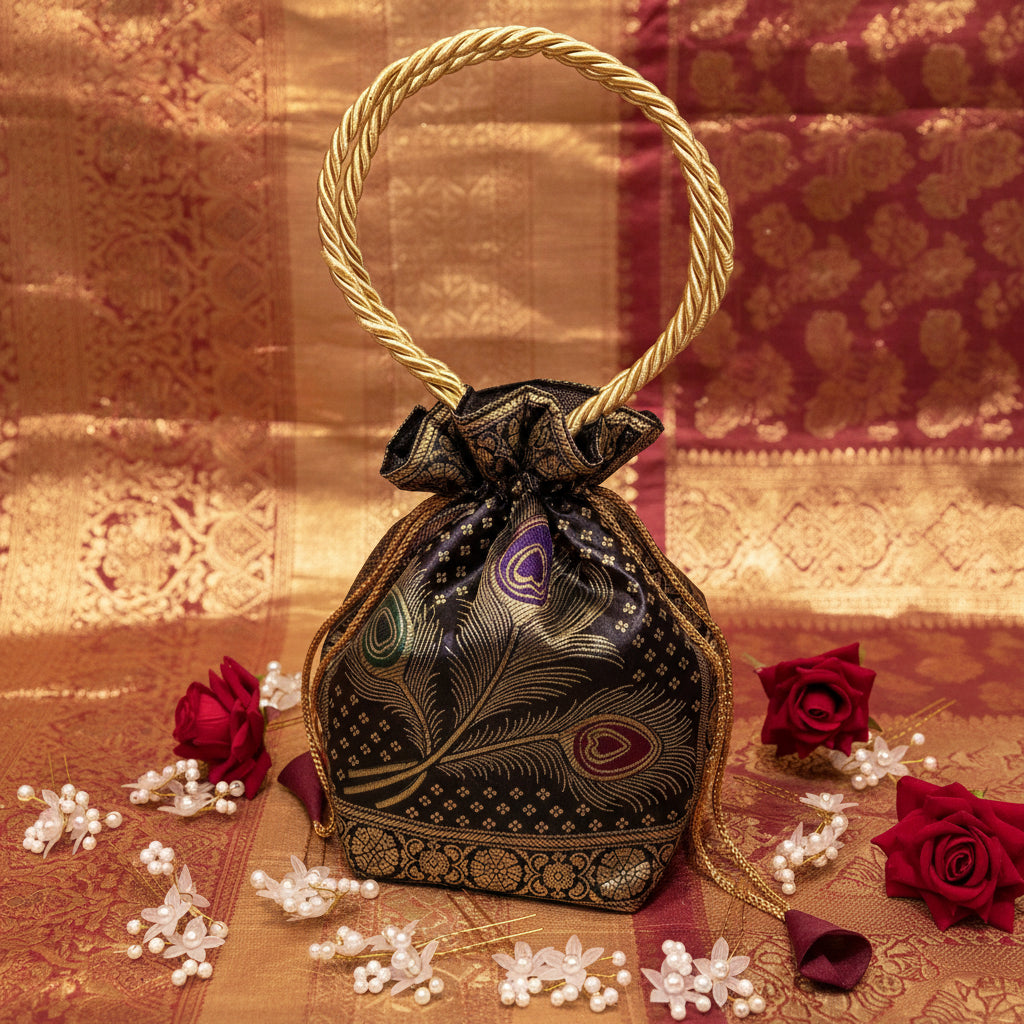 Stunning Black Colour Banarasi Potli Bags