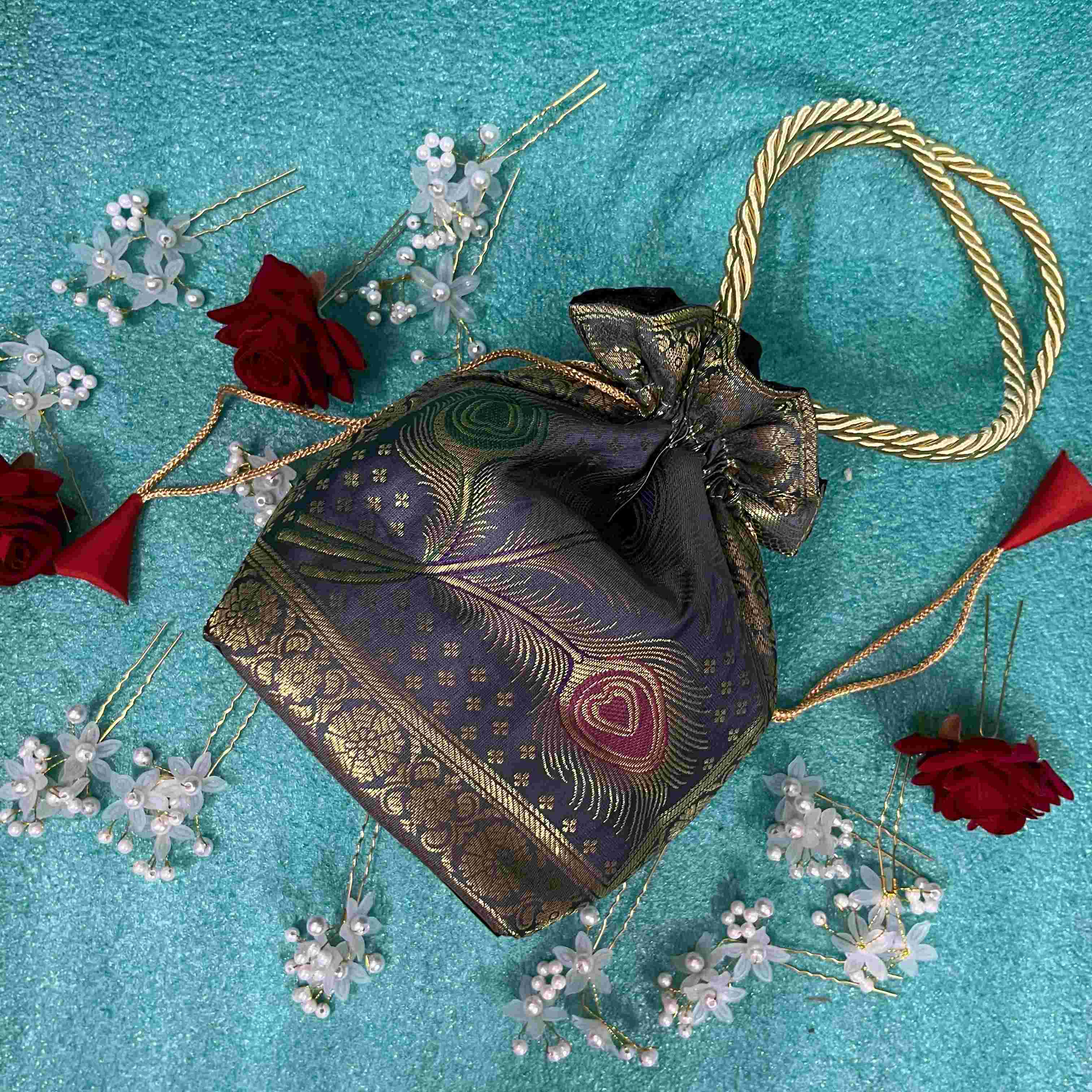 Stunning Gray Colour Banarasi Potli Bags
