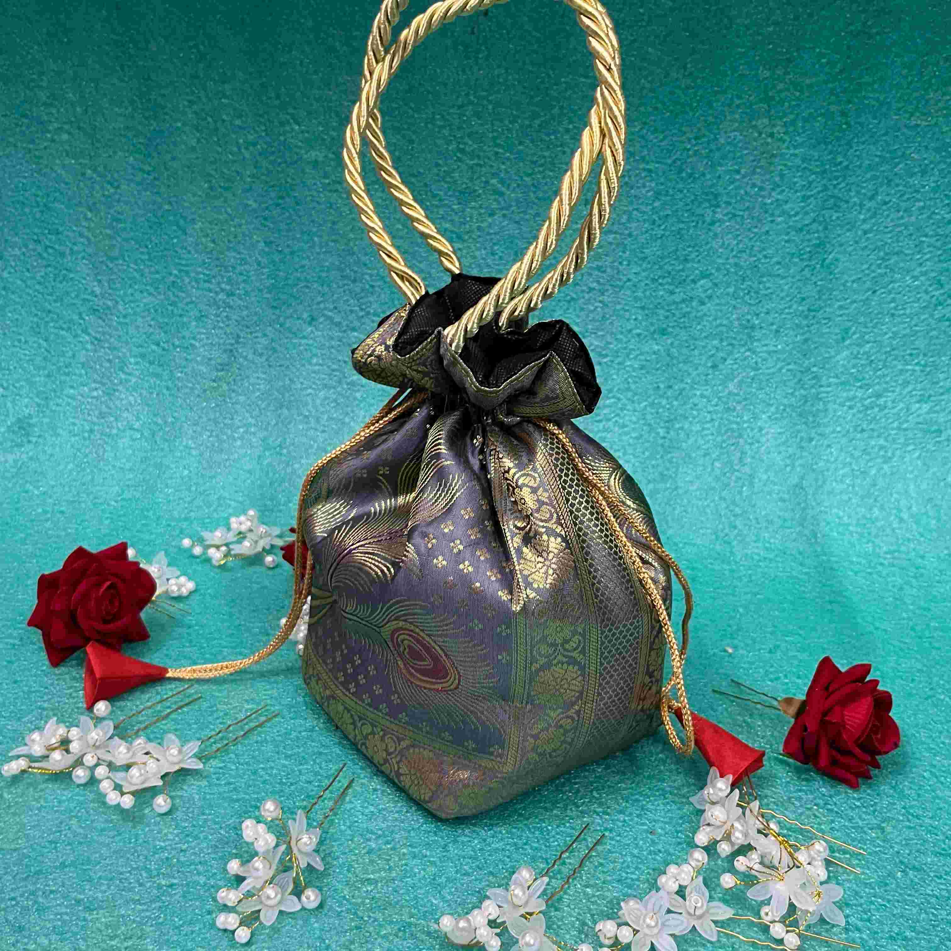 Stunning Gray Colour Banarasi Potli Bags