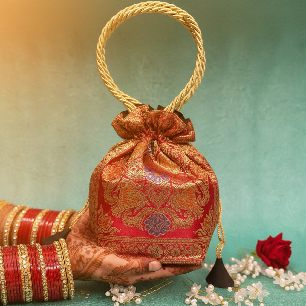 Stunning Red Colour Banarasi Potli Bags