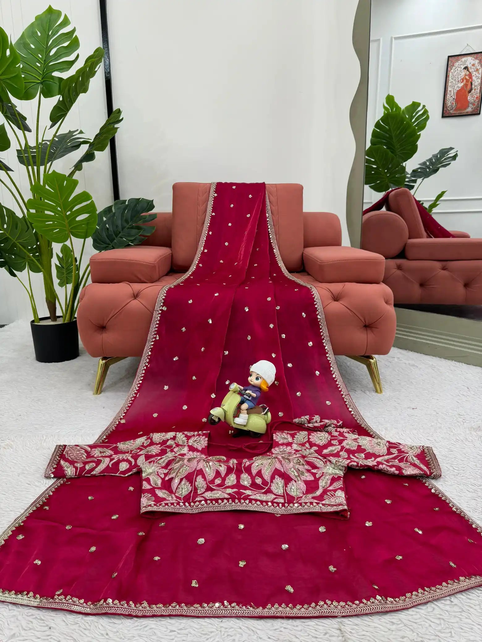 Rani Pink Shimmery Tissue Silk Designer Saree