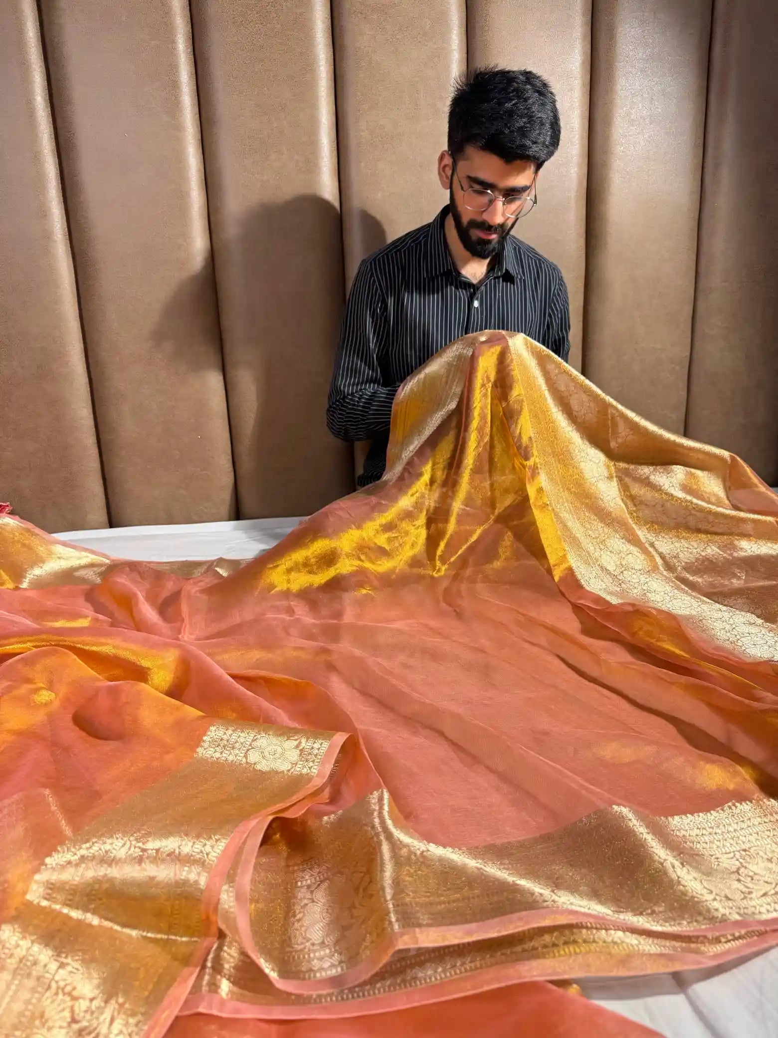 Goldish Pink Pure Tissue Silk Banarasi Saree