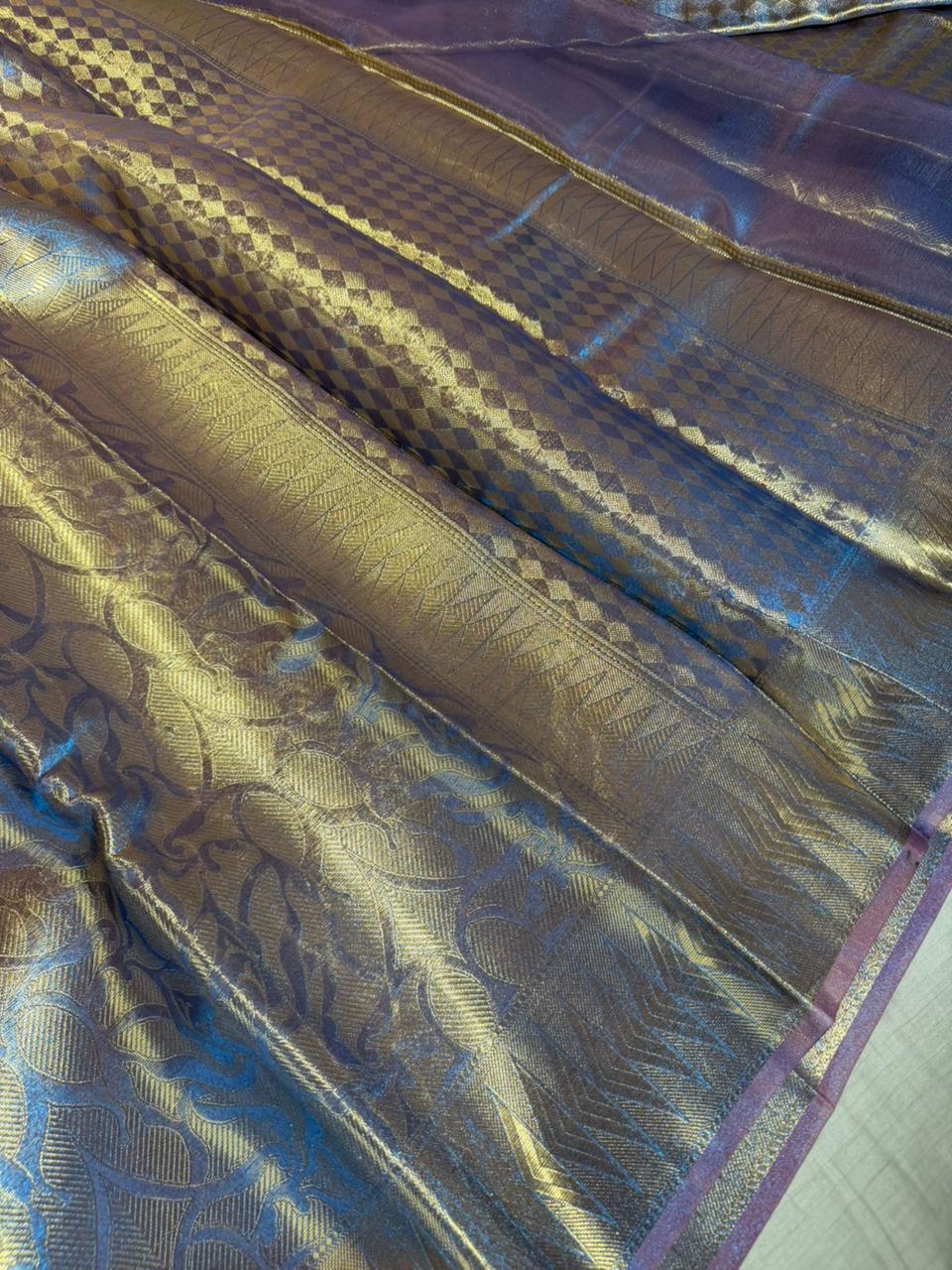 Dhoop chaon blue embossed tissue banarasi saree