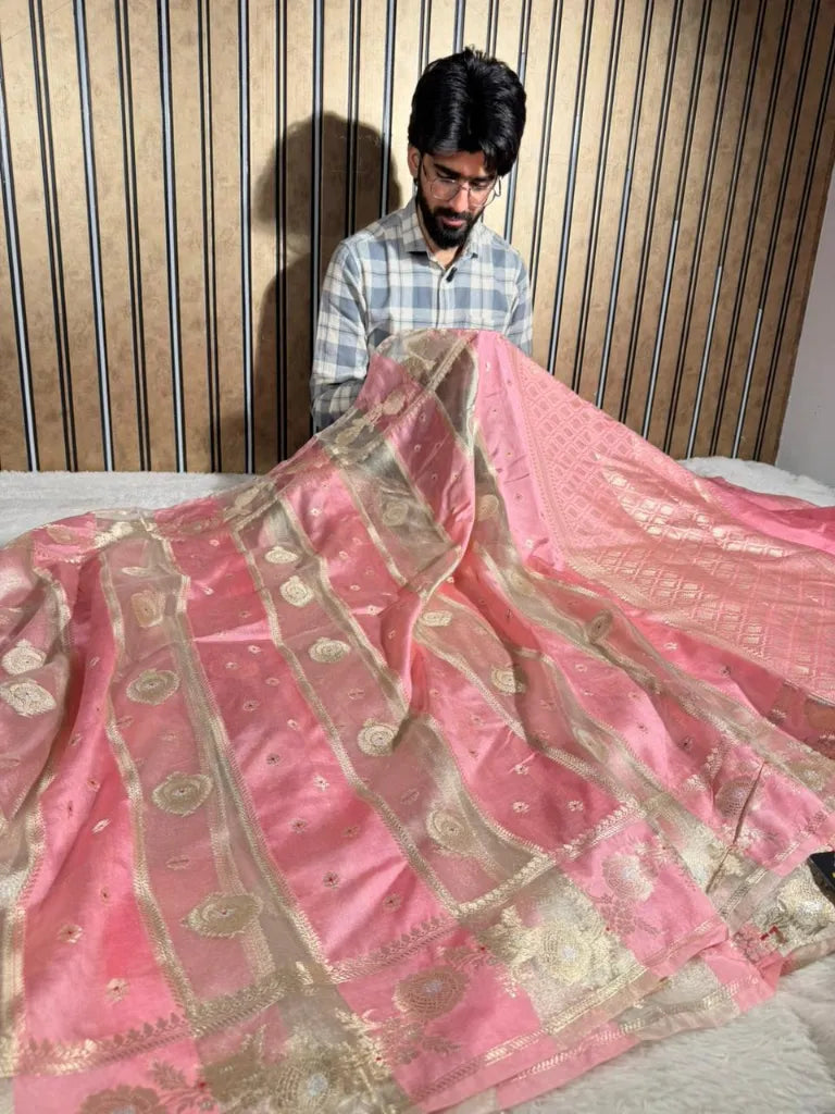 Baby pink Rangkat Chinia tissue silk Banarasi saree