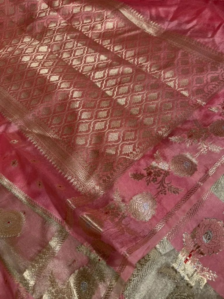 Baby pink Rangkat Chinia tissue silk Banarasi saree
