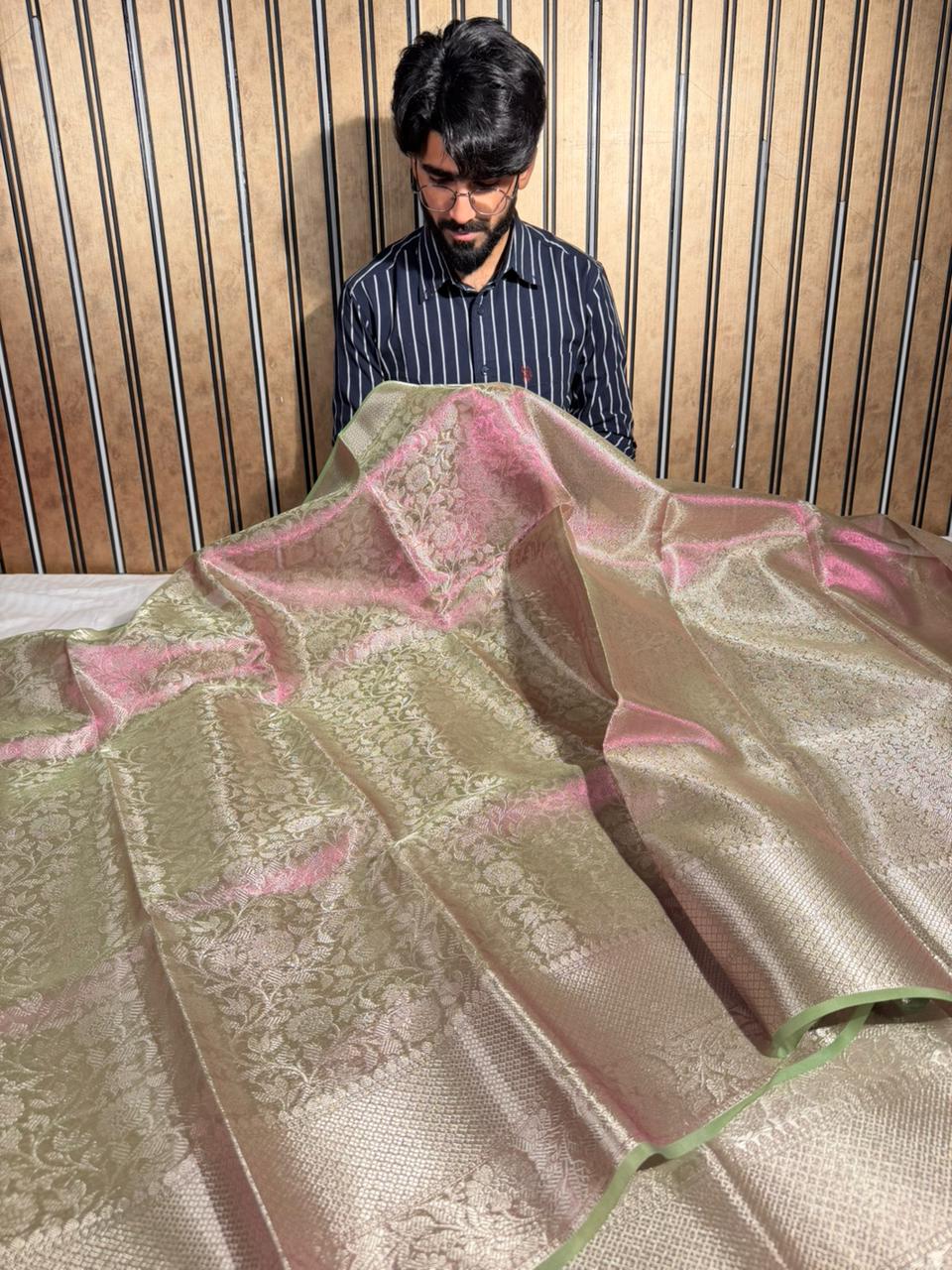 Dhoop chaon green embossed glass tissue saree