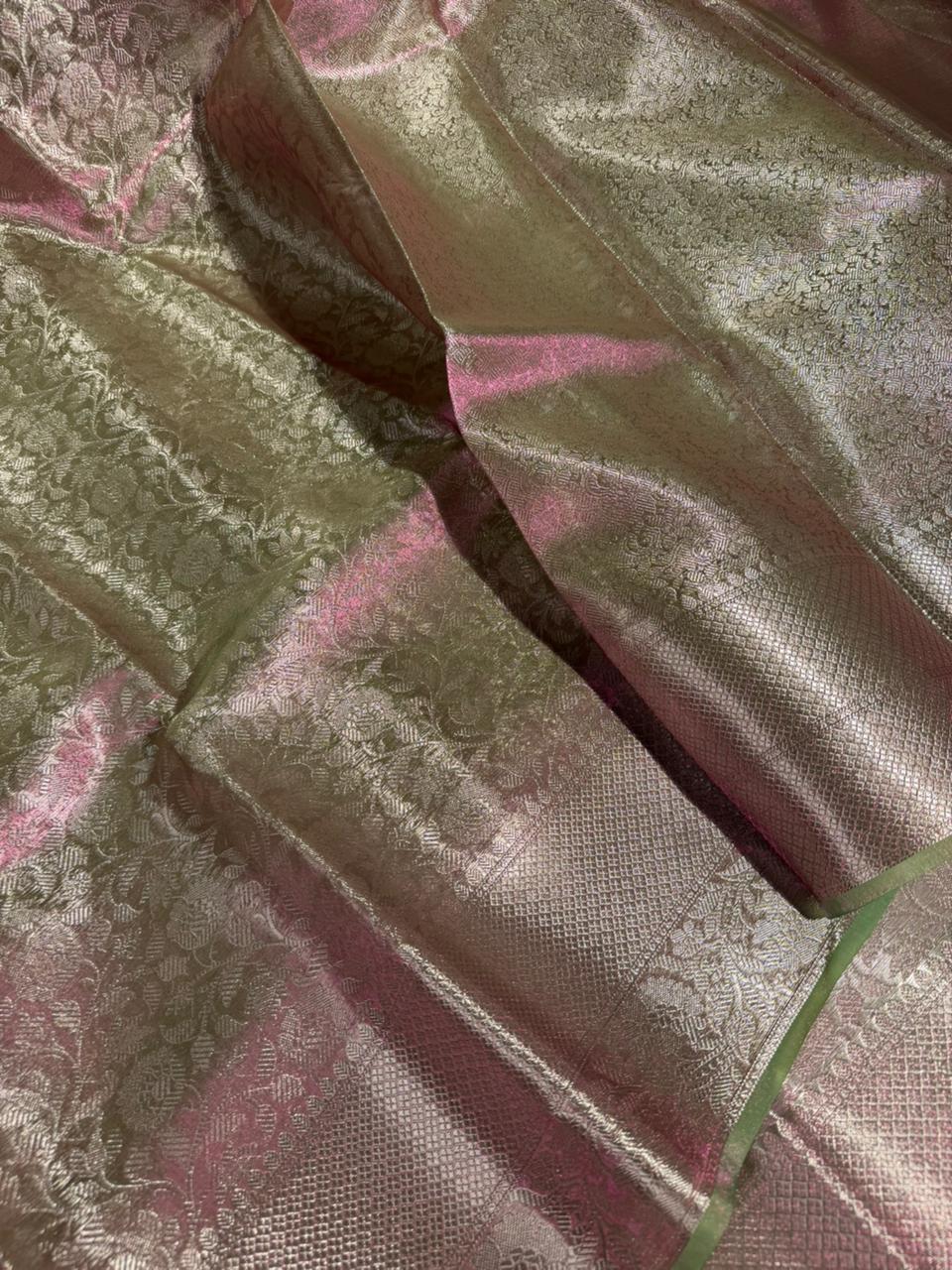 Dhoop chaon green embossed glass tissue saree