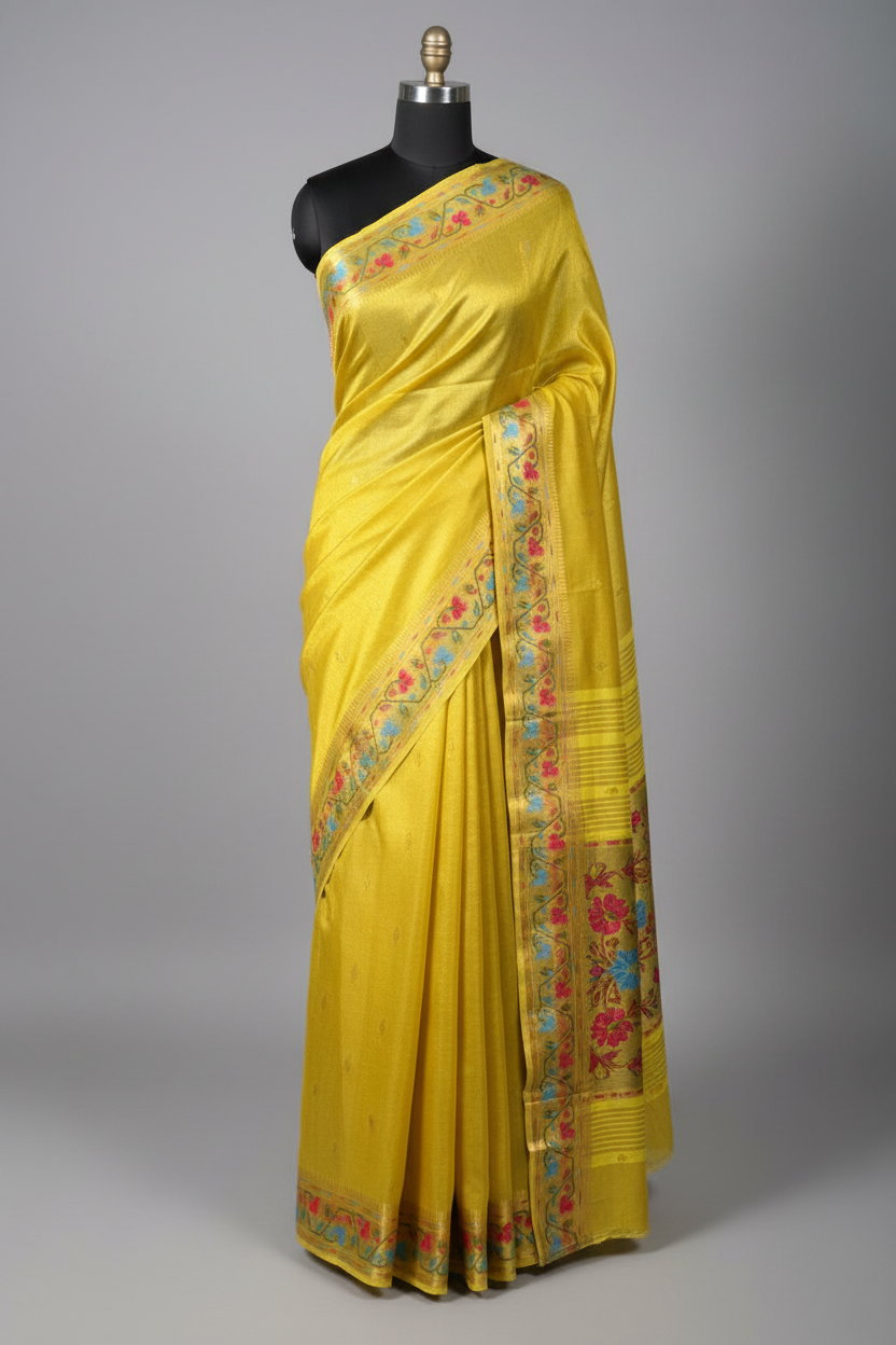Bright Yellow Ikkat Border Breathable Katan Tissue Saree