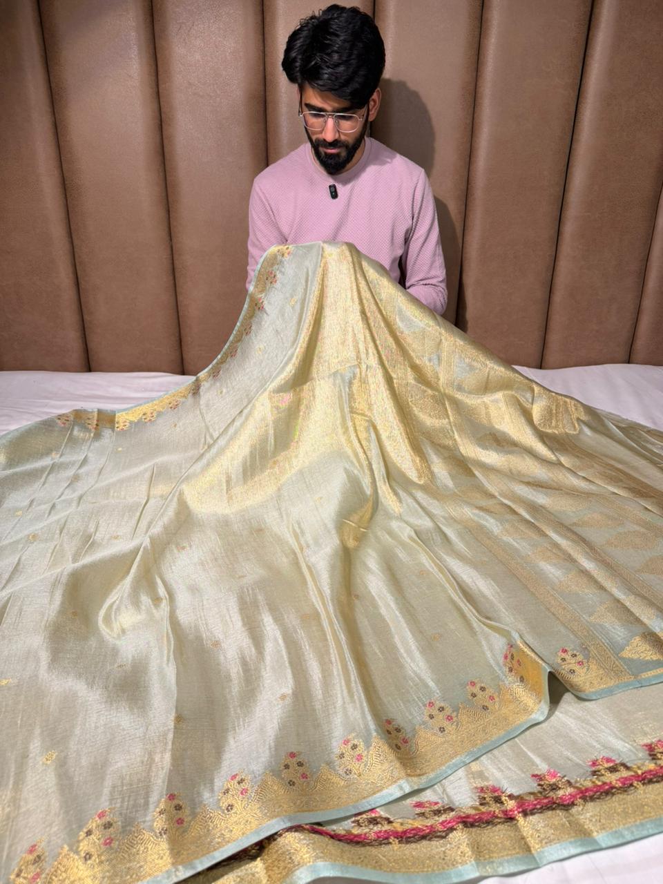 Sea Green Heritage Meenakari Soft Tissue Banarasi Saree