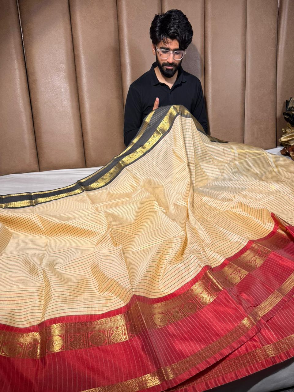 Light Cream Stripes Weave Cotton Banarasi Saree