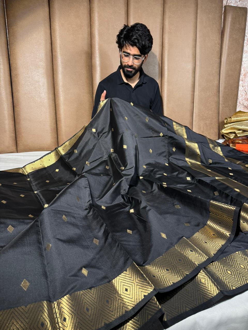 Jet black softsilk traditional Banarasi saree