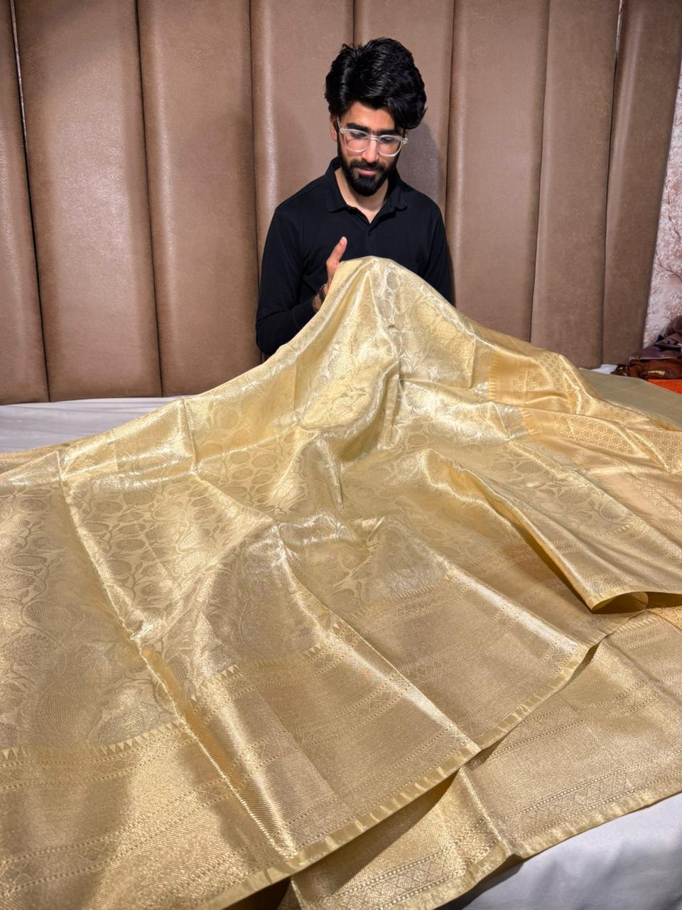 Ivory gold embossed kanjivaram tissue saree