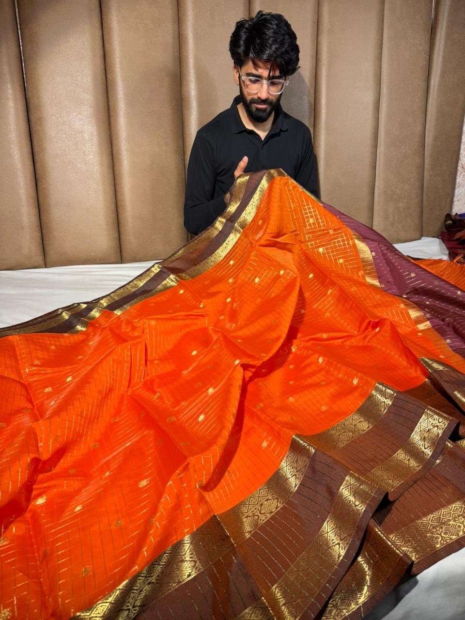 Orange checks buti softsilk Banarasi saree