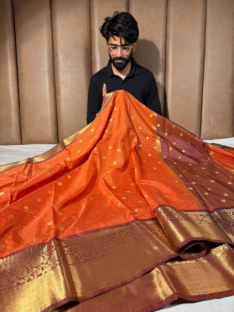 Rust orange checks buti softsilk Banarasi saree