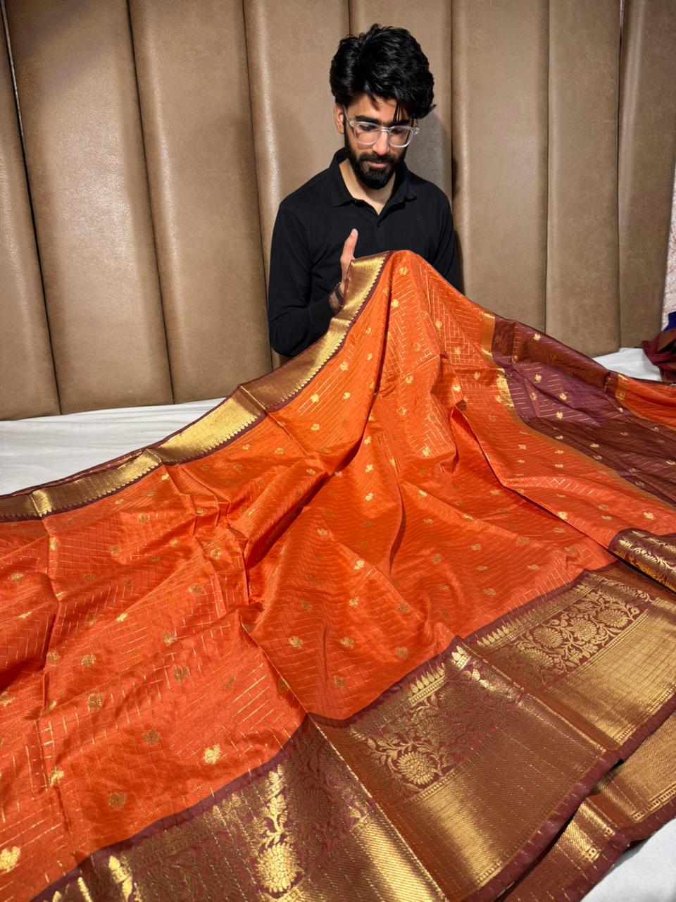 Rust orange checks buti softsilk Banarasi saree