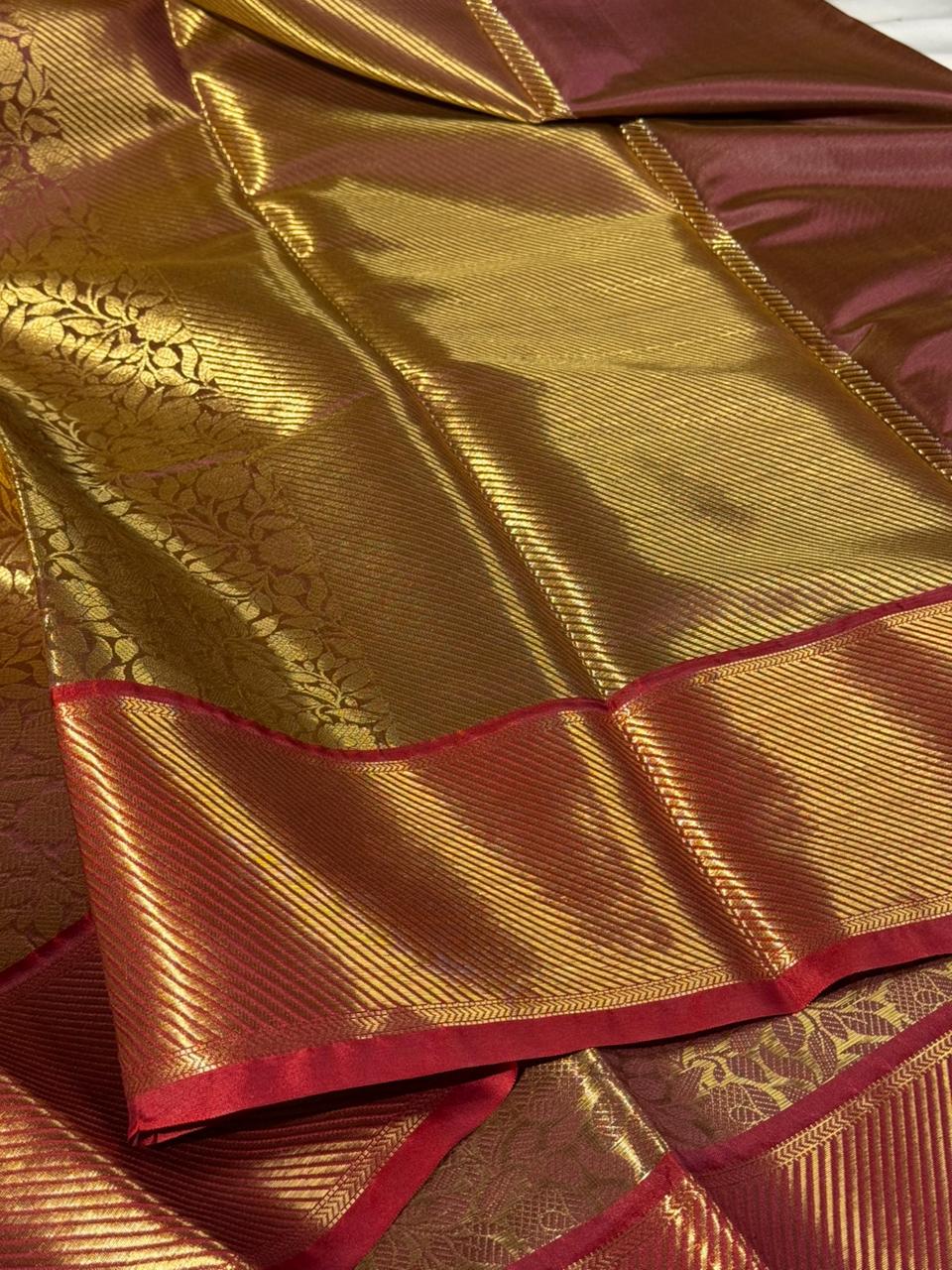 Coffee shade embossed kanjivaram tissue saree