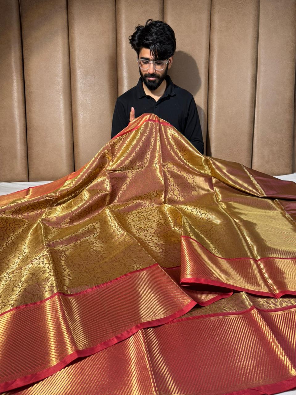 Coffee shade embossed kanjivaram tissue saree