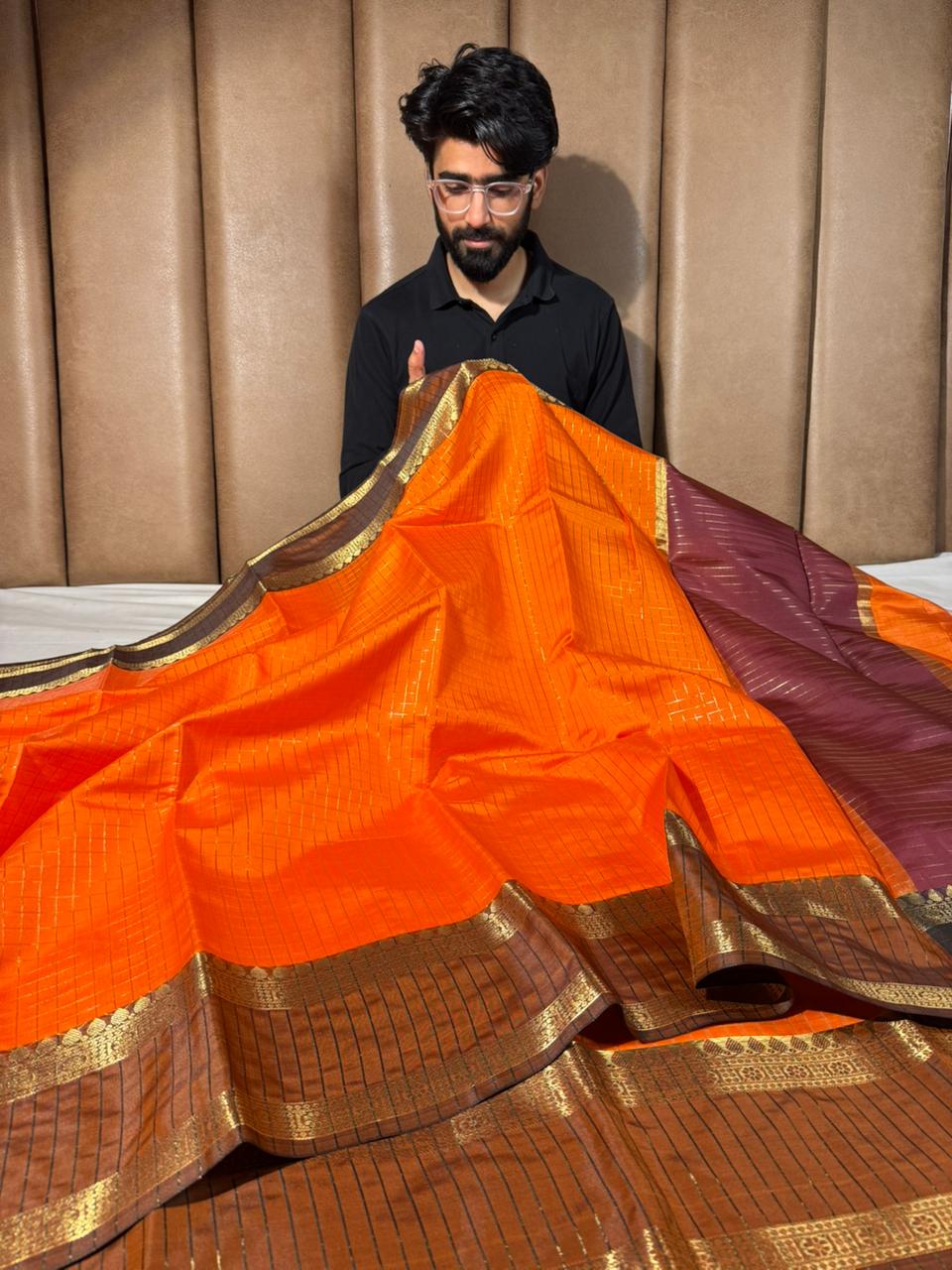 Bright orange checks weave cotton Banarasi saree