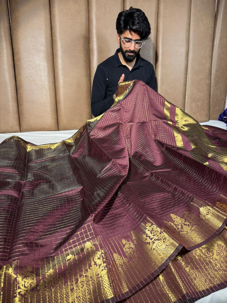Rare wine checks Banarasi silk saree