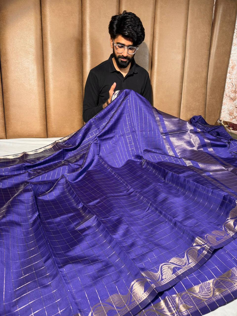 Light purple checks Banarasi silk saree