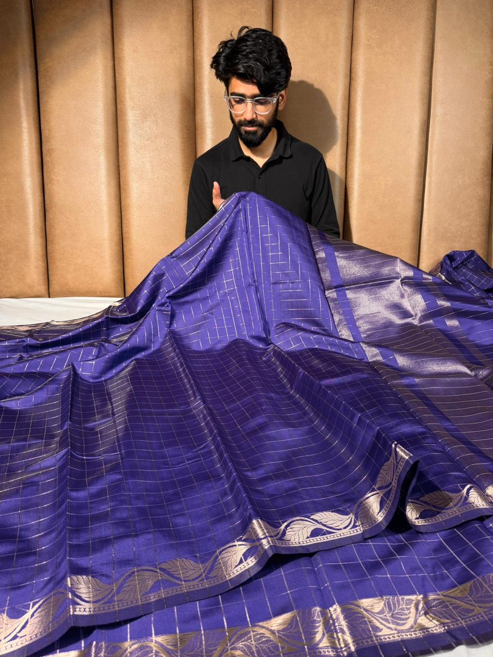 Light purple checks Banarasi silk saree