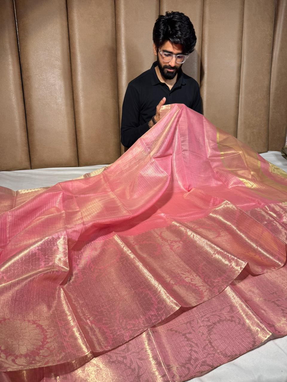Light pink Kota cotton checks Banarasi saree