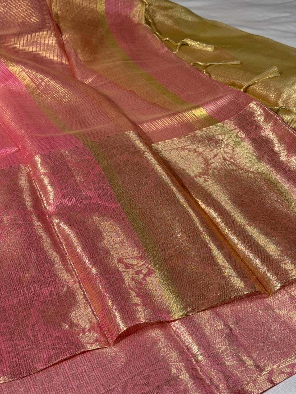 Light pink Kota cotton checks Banarasi saree