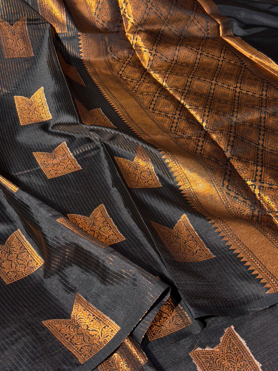 Jet Black Shade Contemperory Softsilk Banarasi Saree