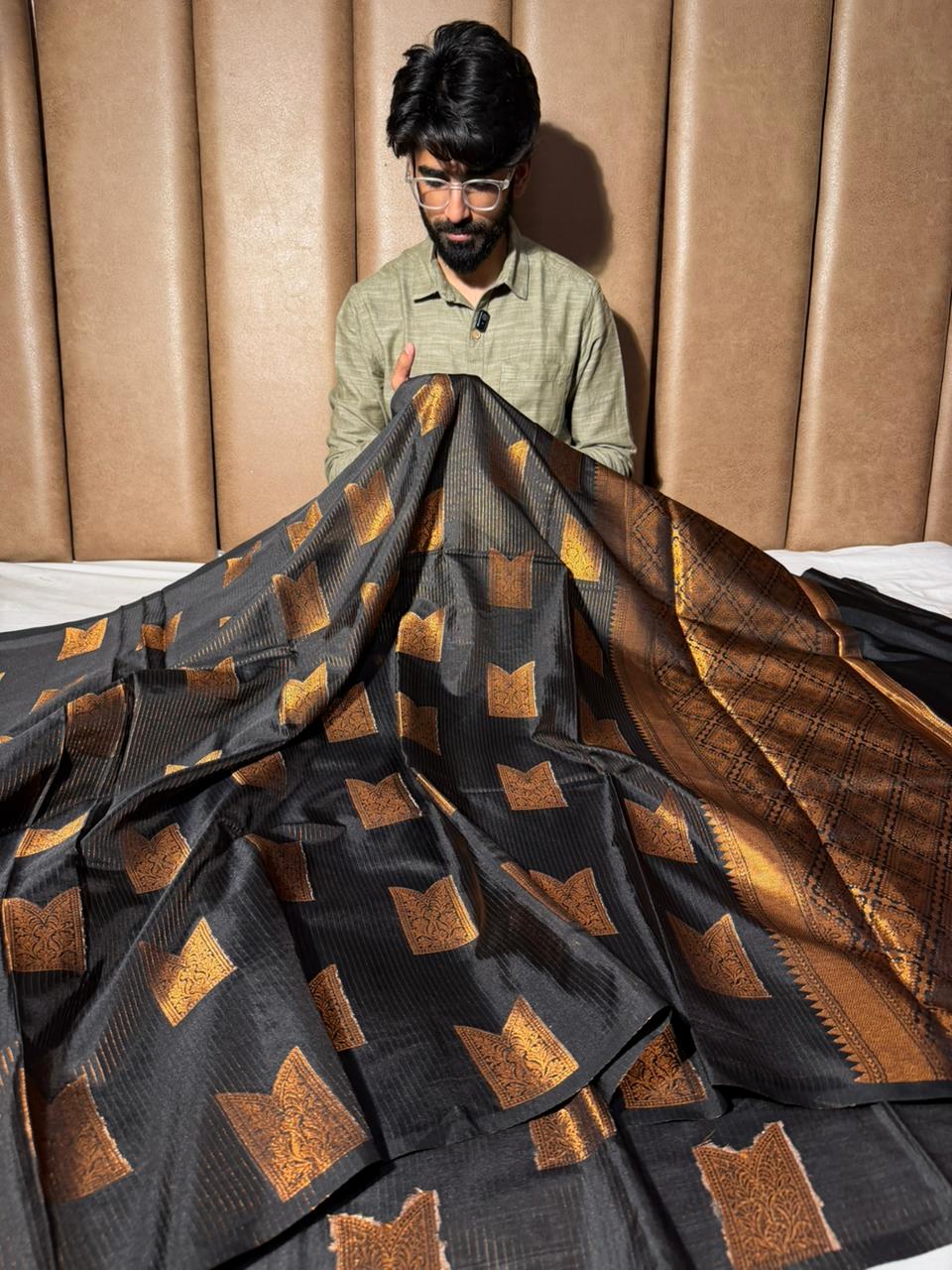 Jet Black Shade Contemperory Softsilk Banarasi Saree