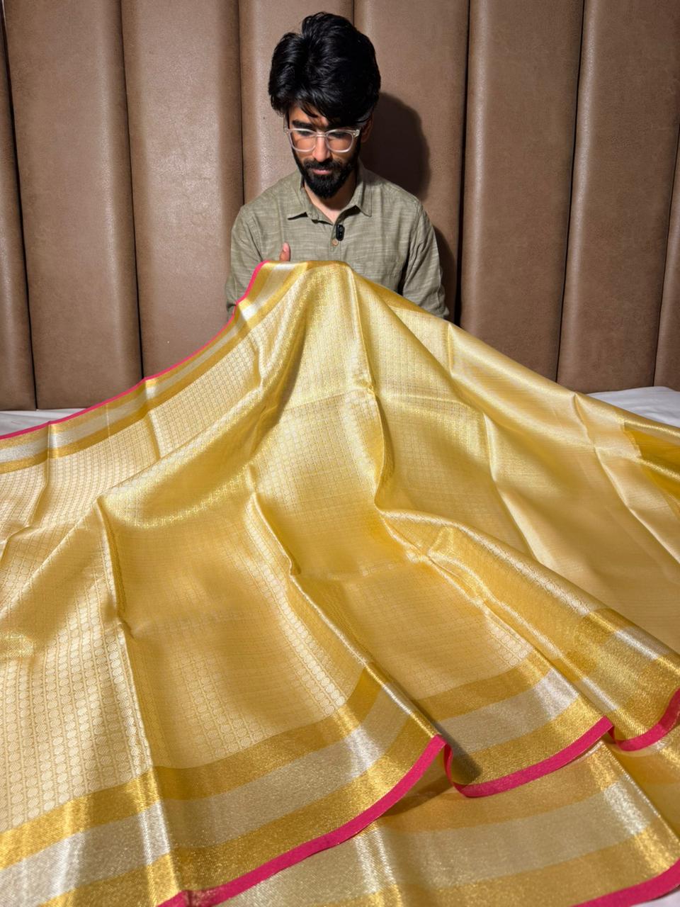 Light Gold Embossed Tissue Banarasi Saree