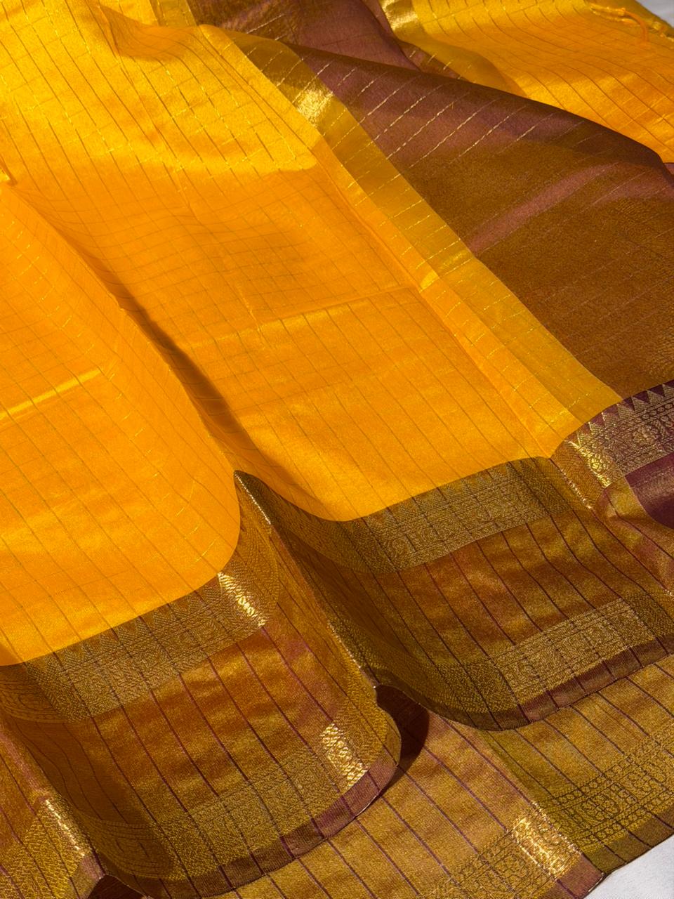 Bright Yellow Checks Weave Softsilk Banarasi Saree