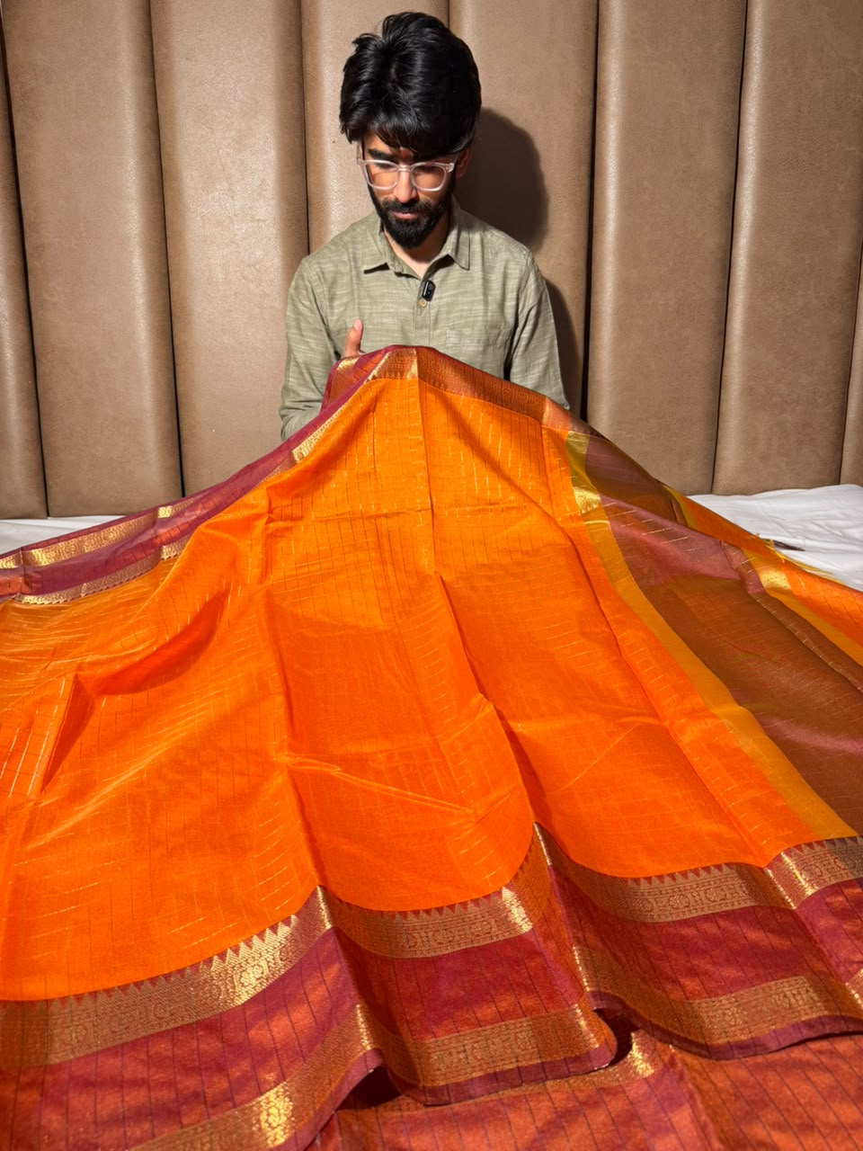 Bright Orange Checks Weave Softsilk Banarasi Saree