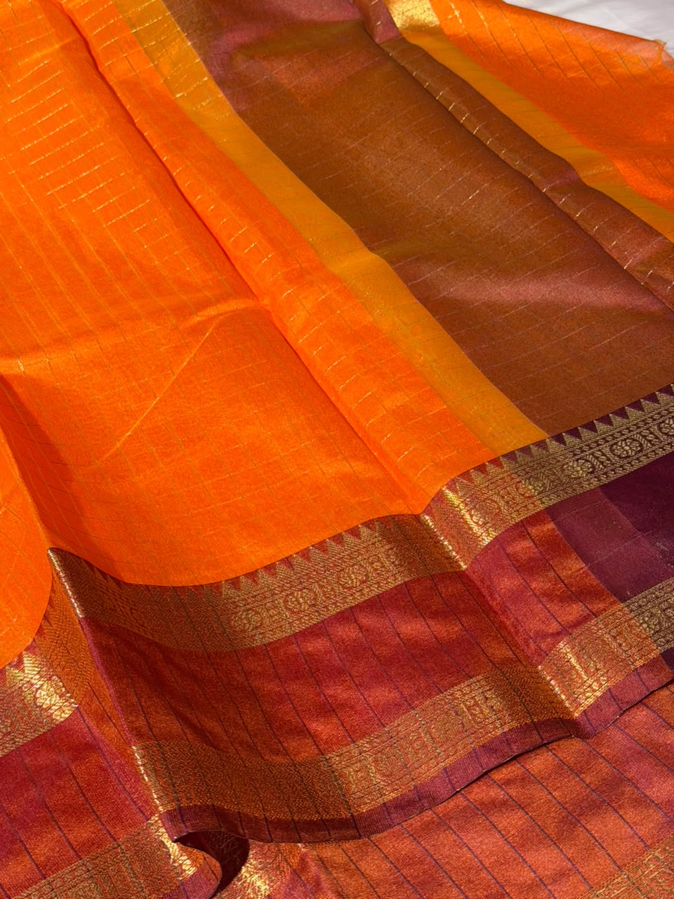 Bright Orange Checks Weave Softsilk Banarasi Saree