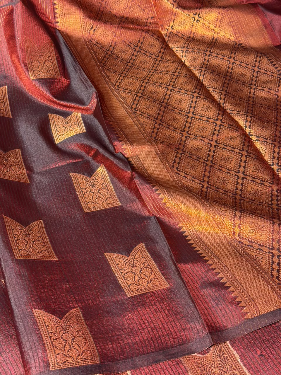 Dark Maroon Traditional Stripes Softsilk Banarasi Saree