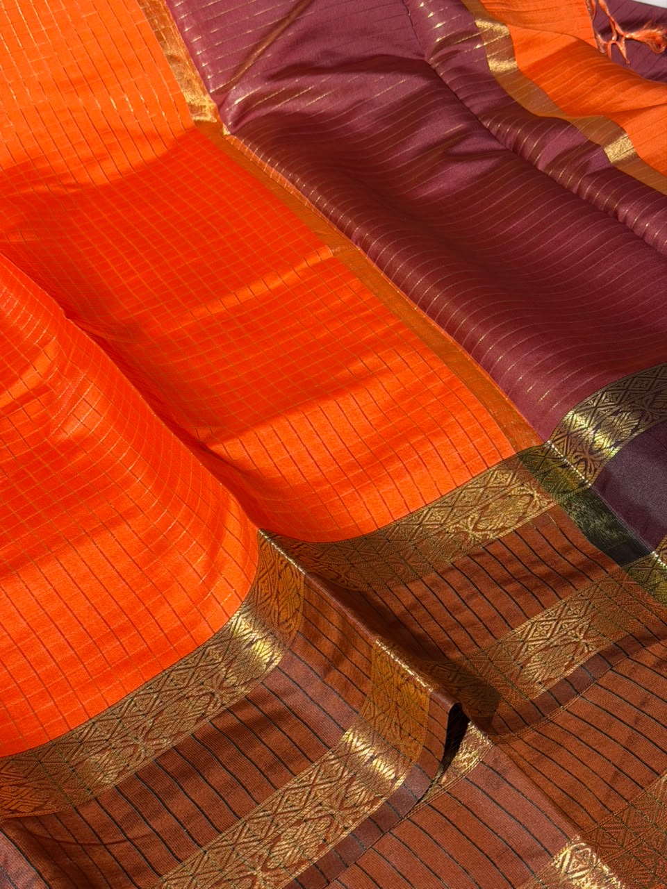 Bright Orange Checks Buti Softsilk Banarasi Saree