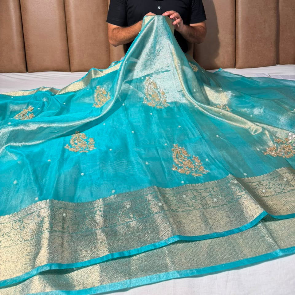Mint Green Kora Tissue Handwork Banarasi Saree