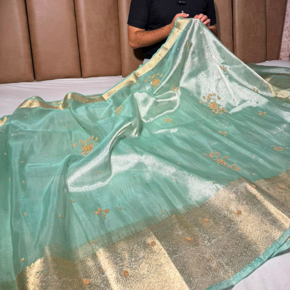 Sea Green Kora Tissue Handwork Banarasi Saree