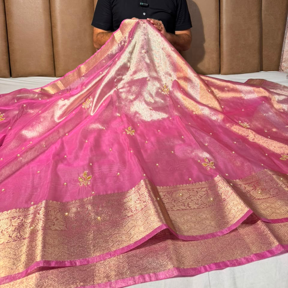 Barbie Pink Kora Tissue Handwork Banarasi Saree