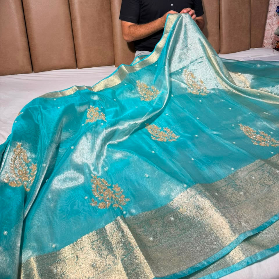 Mint Green Kora Tissue Handwork Banarasi Saree