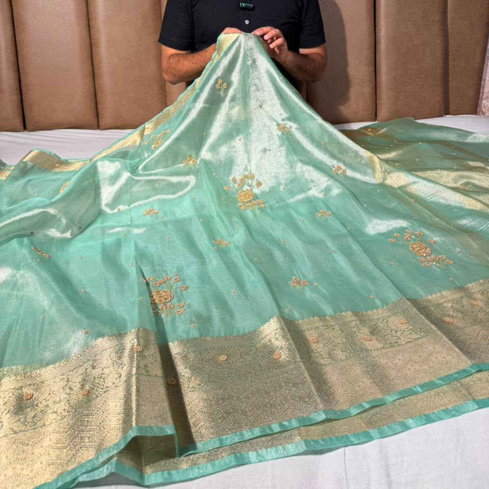 Sea Green Kora Tissue Handwork Banarasi Saree