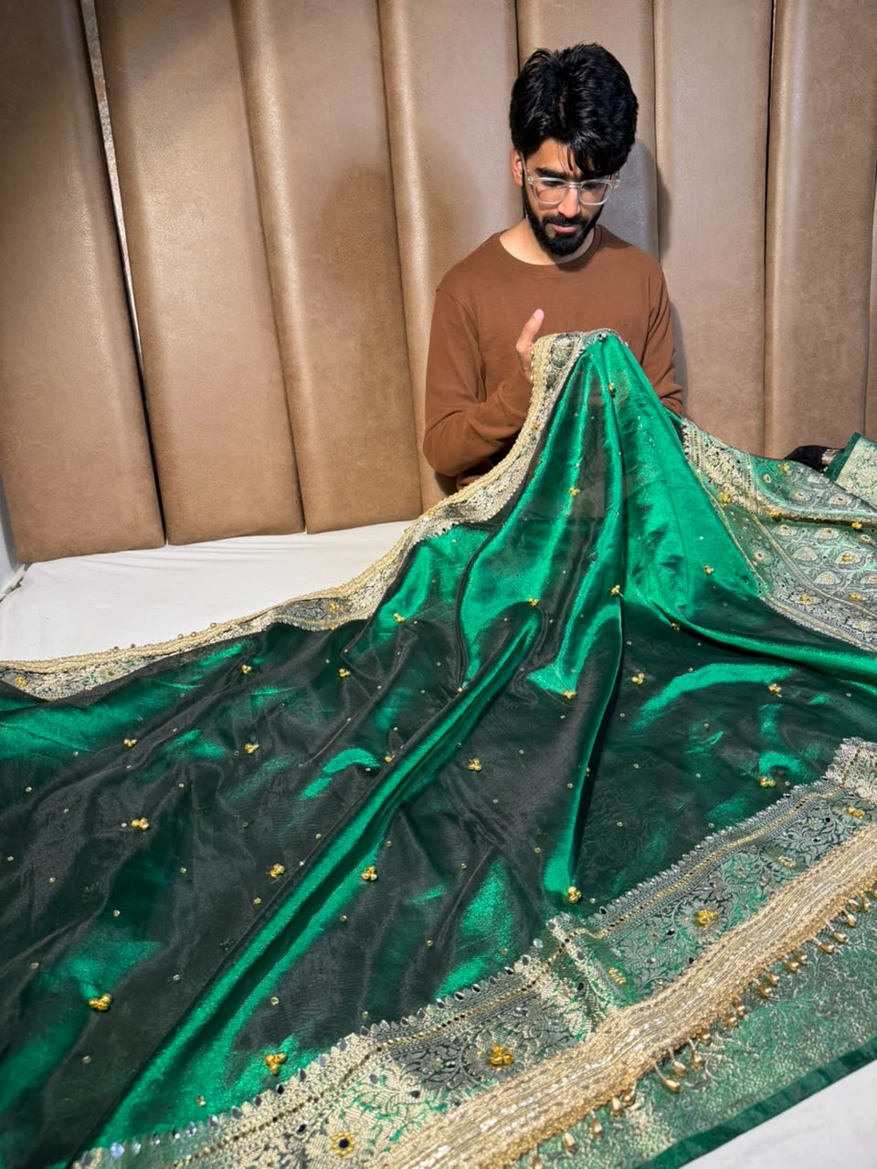 Metallic Green Kora Tissue Viral Ghungroo Saree