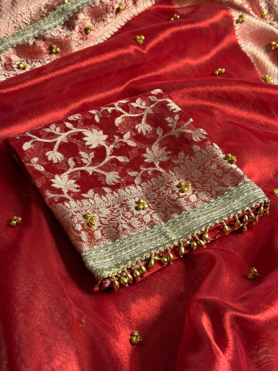 Metallic Red Kora Tissue Viral Ghungroo Saree