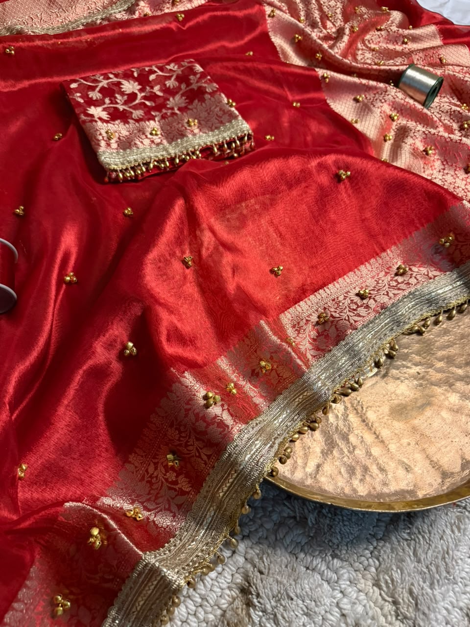 Metallic Red Kora Tissue Viral Ghungroo Saree